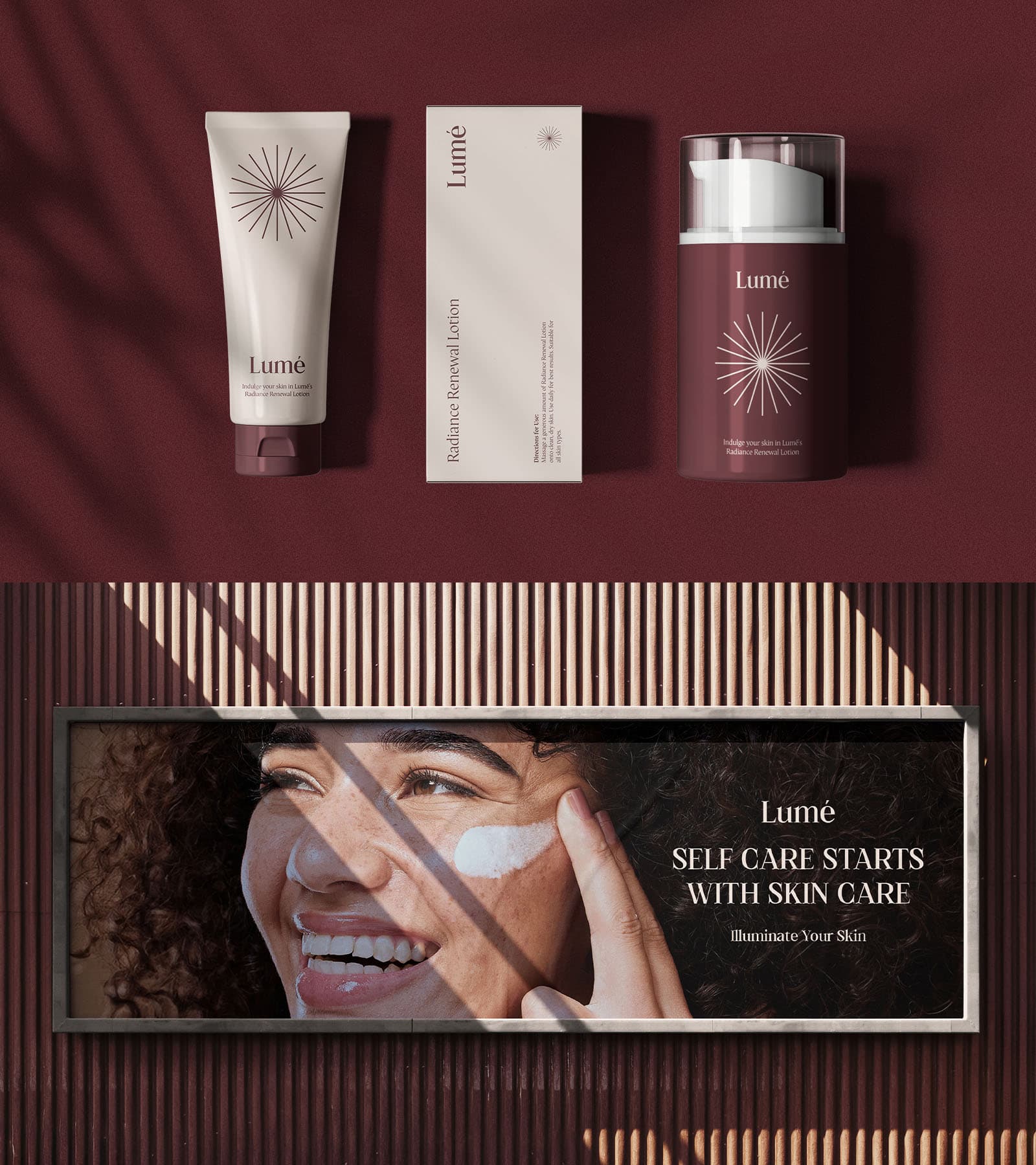 Lumé Skincare range packaging on sand: Temple Noir, the Lumé Skincare jar, and Rose Noir