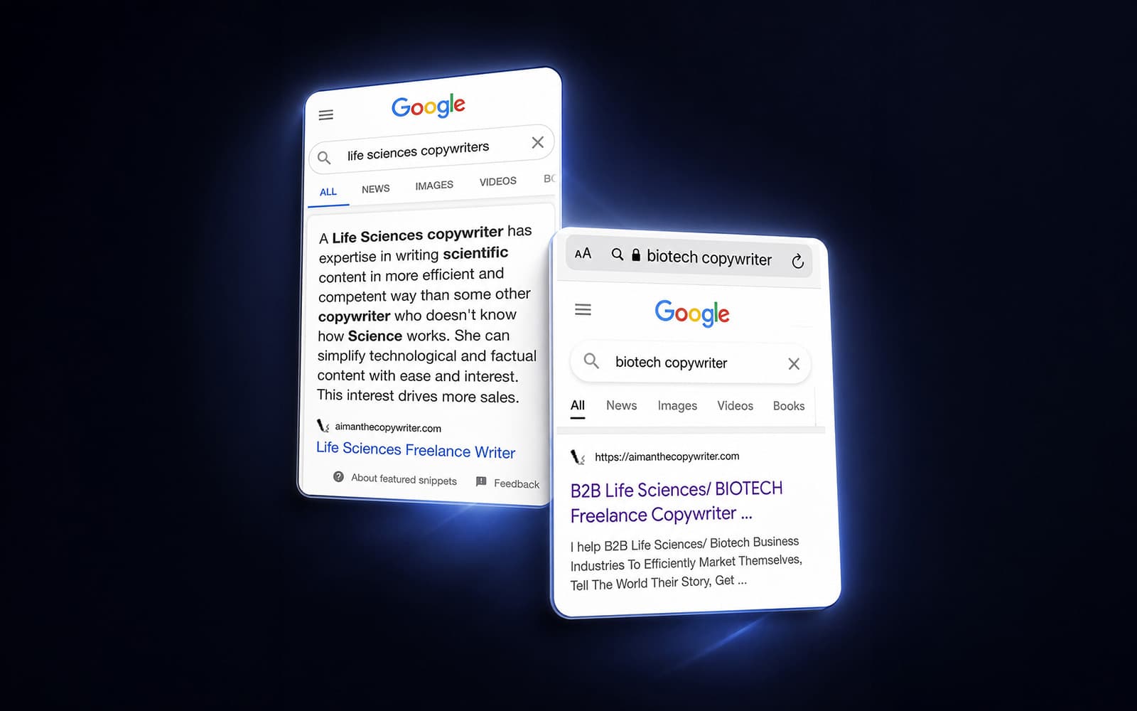 aimanthecopywriter.com ranked first on Google for biotech copywriting