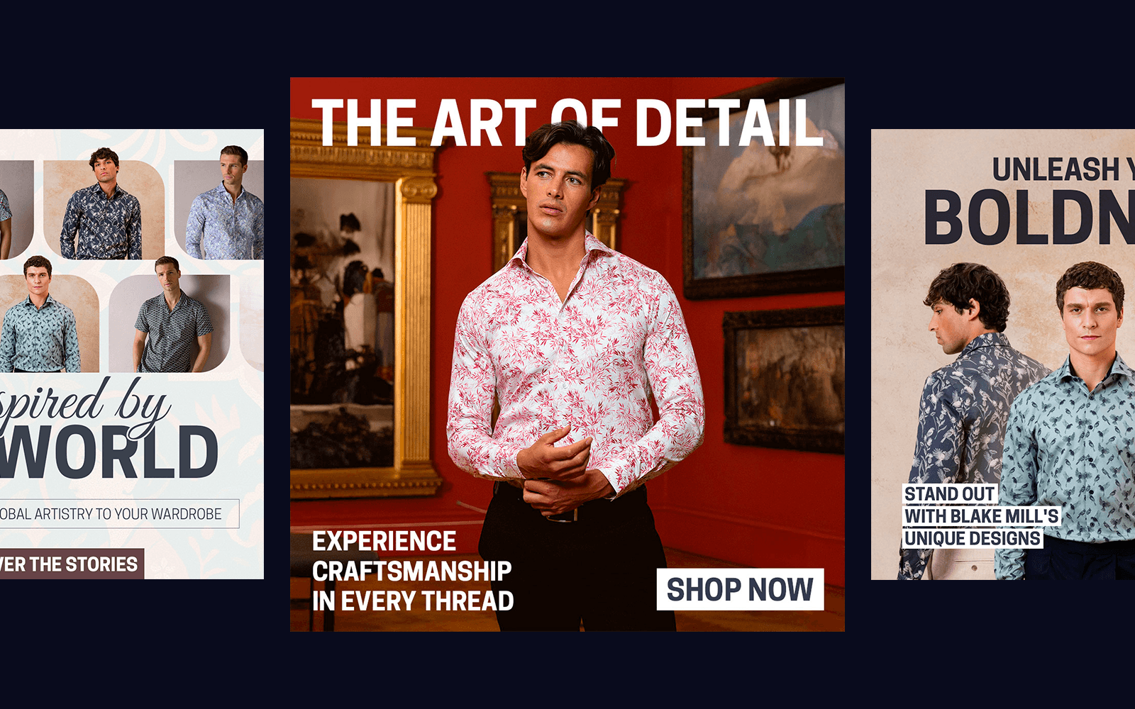 Blake Mill floral shirt campaign in a meadow, headline Unleash Your Boldness