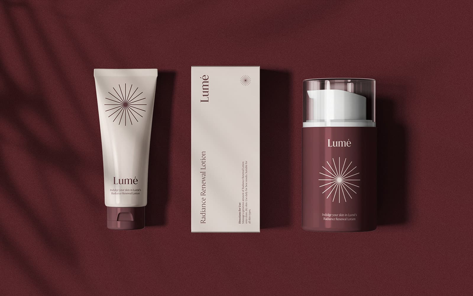 Lumé Skincare range packaging on sand: Temple Noir, the Lumé Skincare jar, and Rose Noir