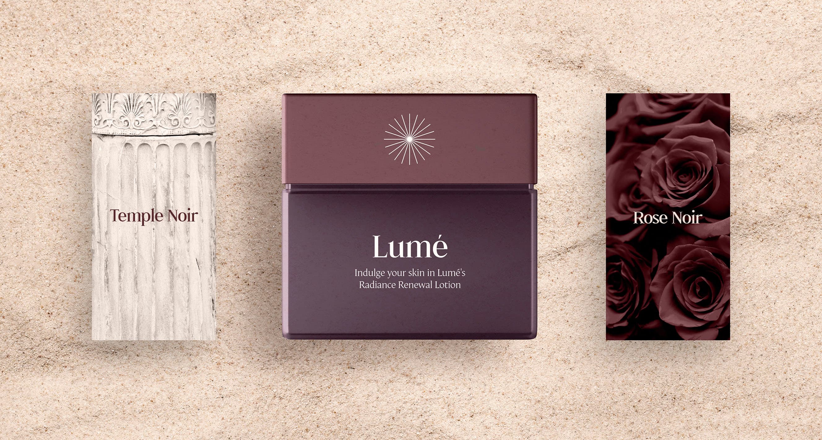 Lumé Skincare range packaging on sand: Temple Noir, the Lumé Skincare jar, and Rose Noir