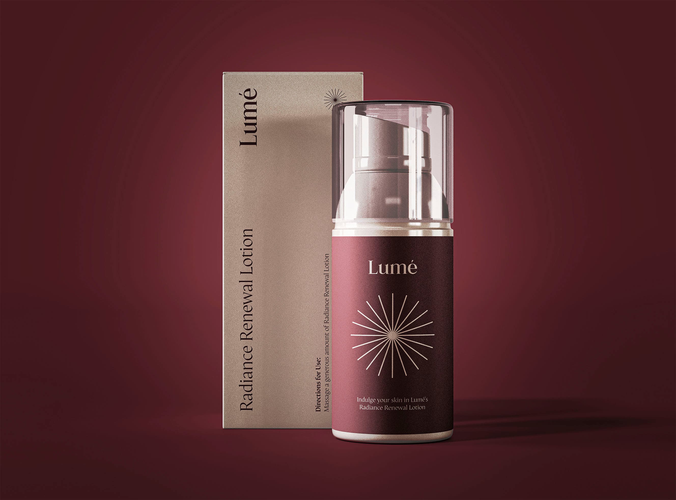 Lumé Skincare Radiance Renewal Lotion airless pump beside its carton