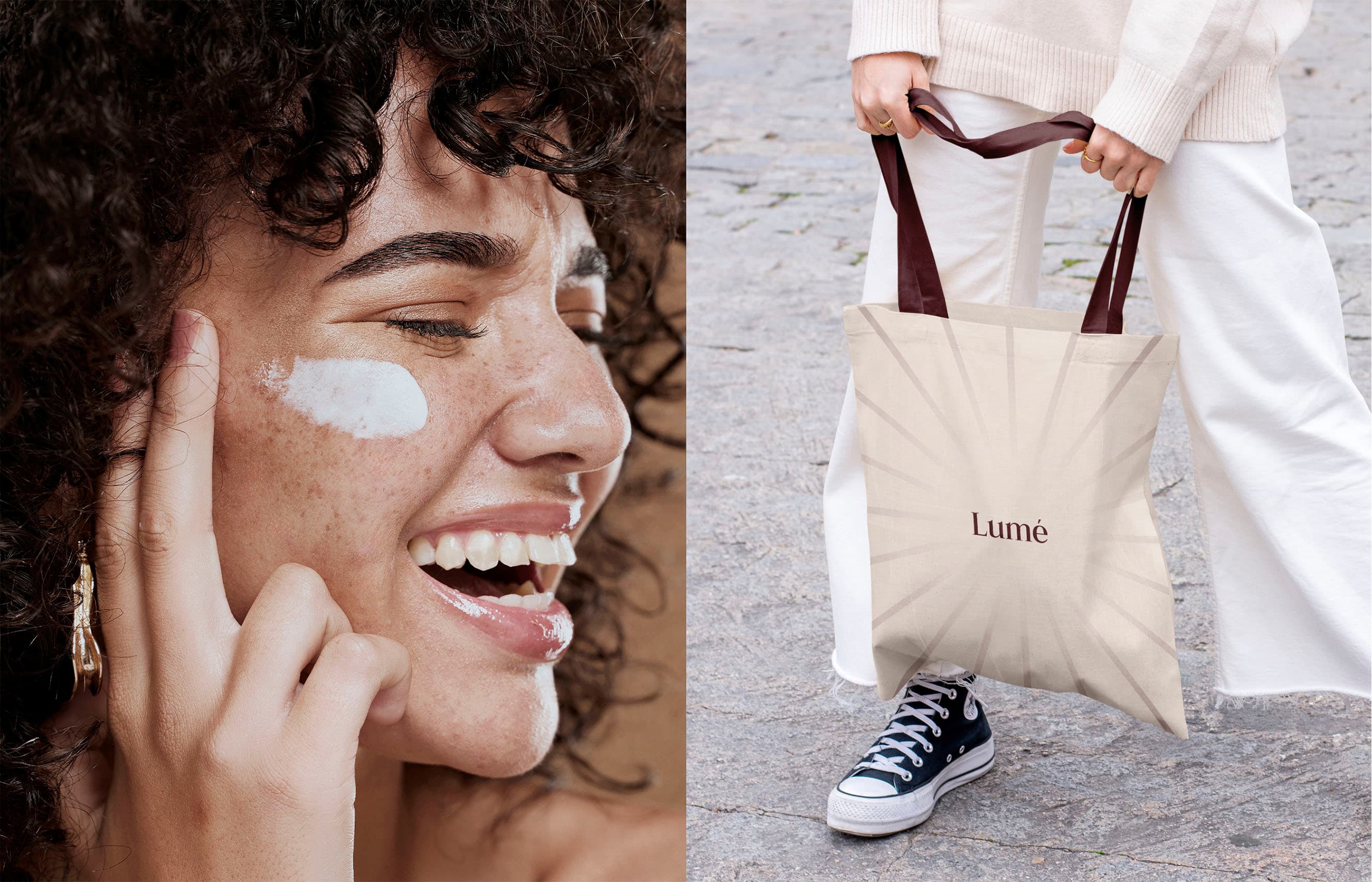 Lumé Skincare campaign photography and branded tote bag