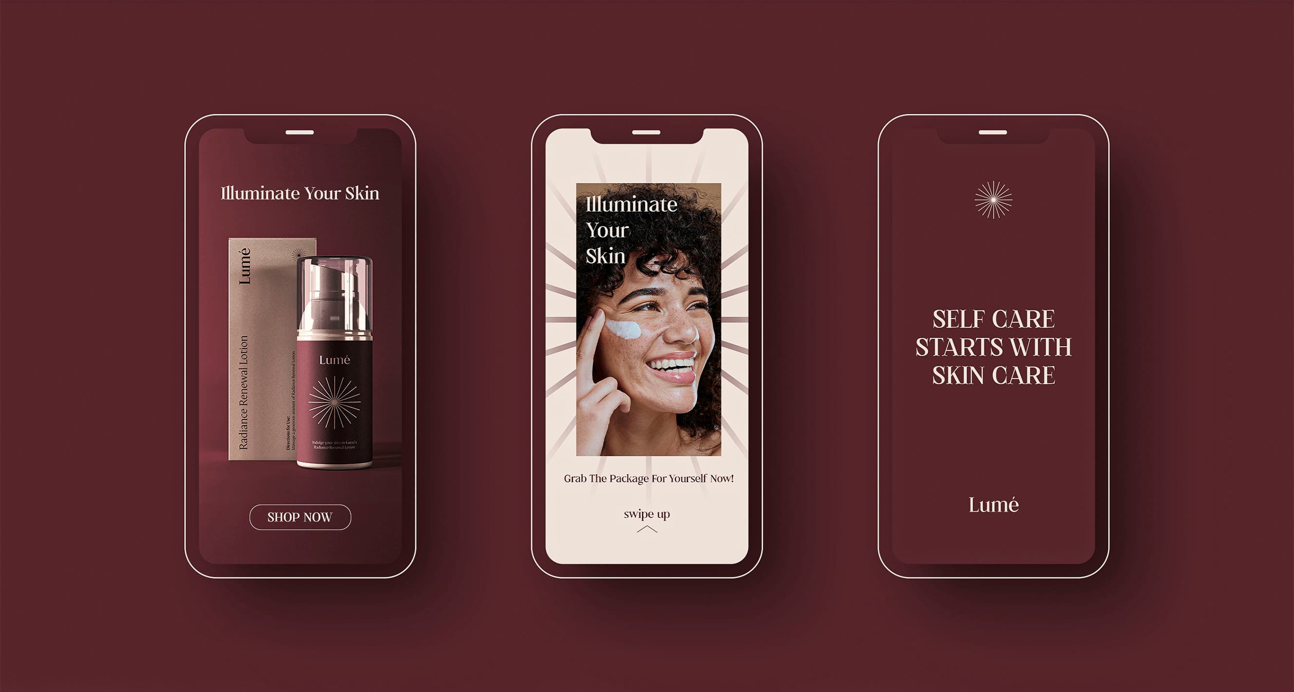 Lumé Skincare social stories and ad set on mobile