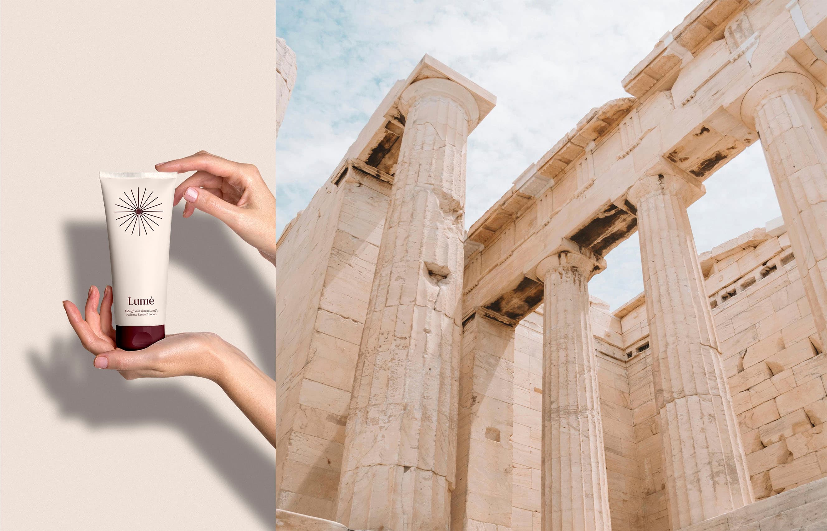 Lumé Skincare product held against the marble columns of Athens