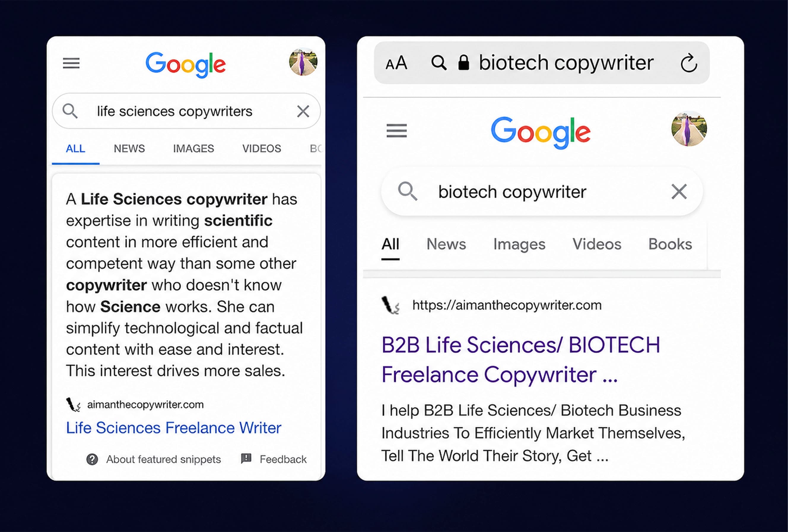 Google search results showing aimanthecopywriter.com ranked first for “biotech copywriter” and in the featured snippet for “life sciences copywriter.”