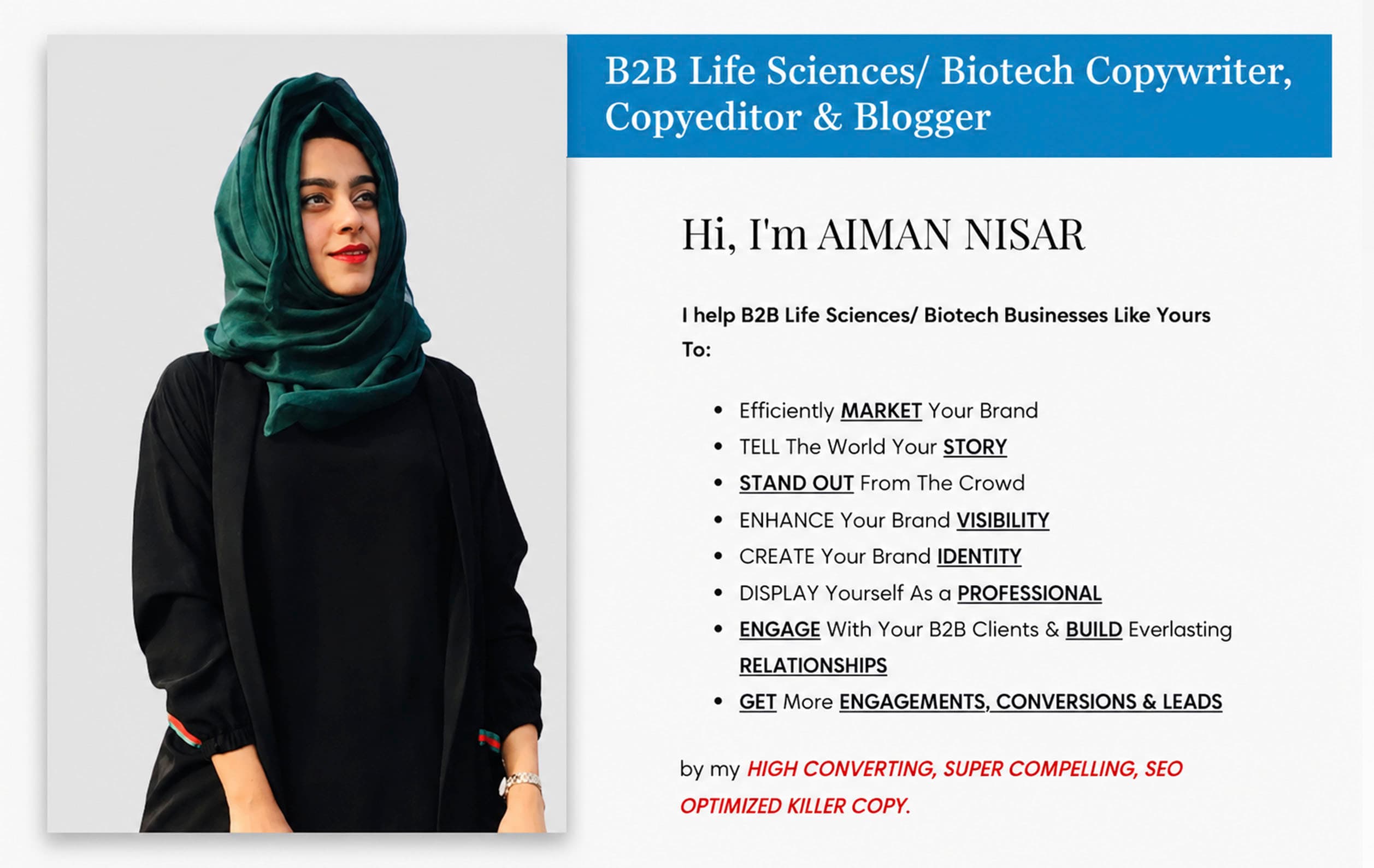 Aiman's portfolio site: a header reading B2B Life Sciences / Biotech Copywriter and a short, bulleted introduction.