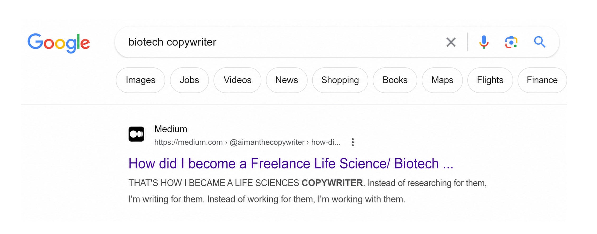 Google result showing Aiman's Medium article ranking for the term biotech copywriter.