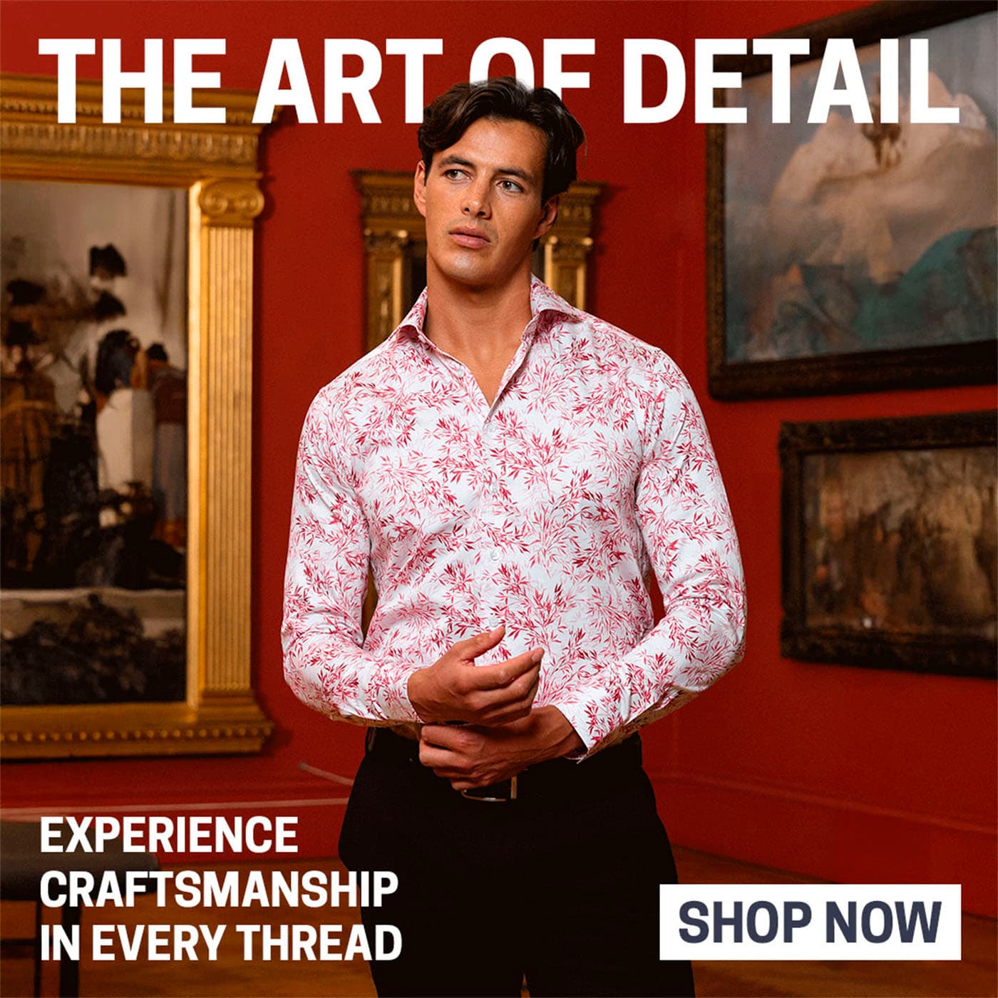Blake Mill floral shirt campaign in a meadow, headline Unleash Your Boldness