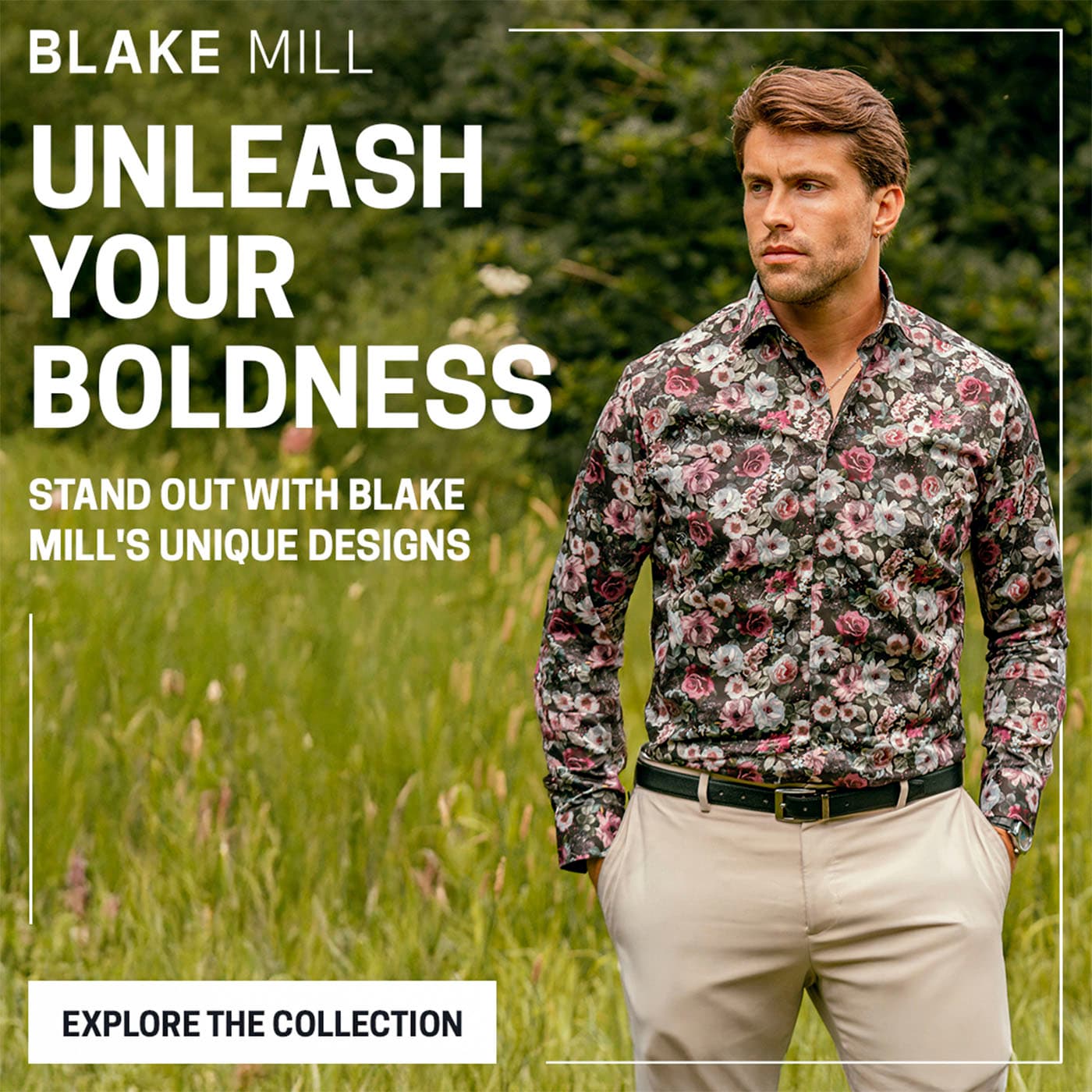 Blake Mill red floral shirt shot in a gallery, The Art of Detail
