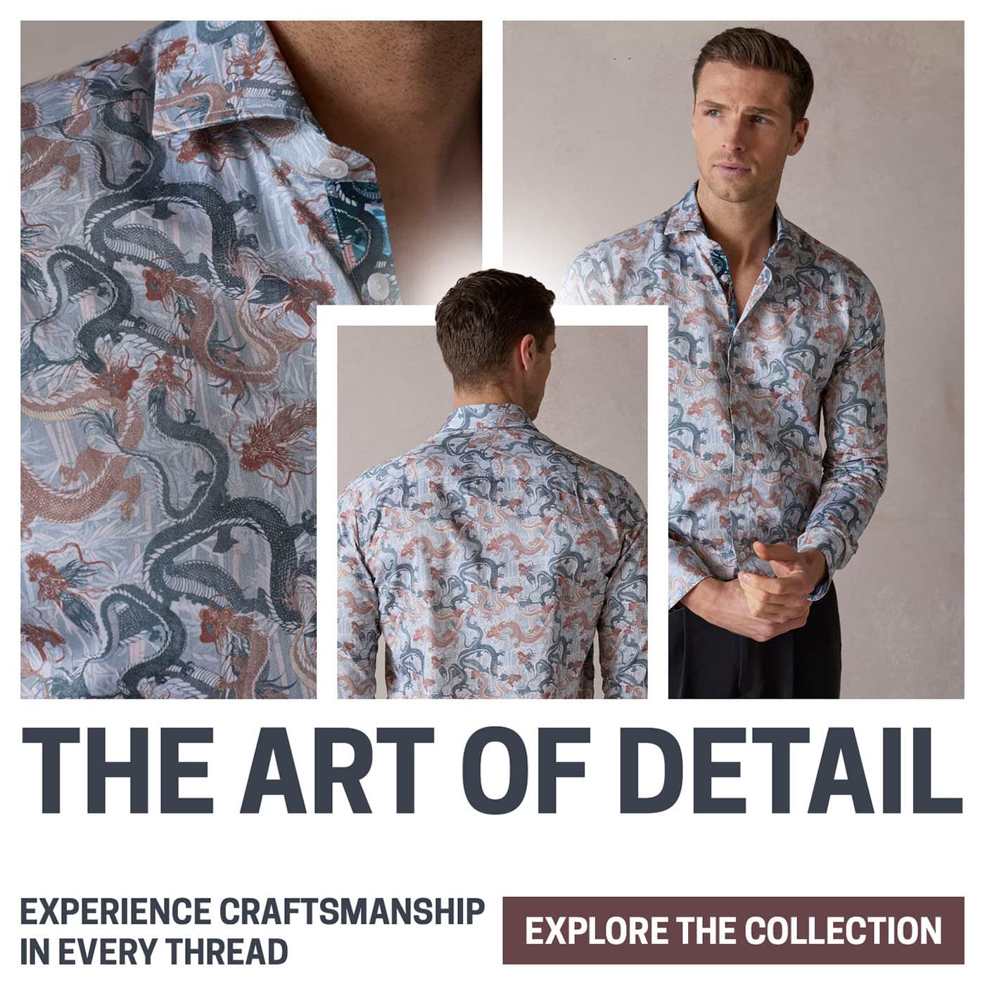 Blake Mill dragon-print shirt shown front, back and in close detail