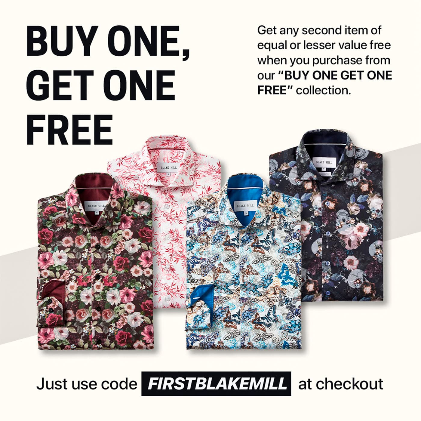 Blake Mill buy one get one free flat-lay of four printed shirts