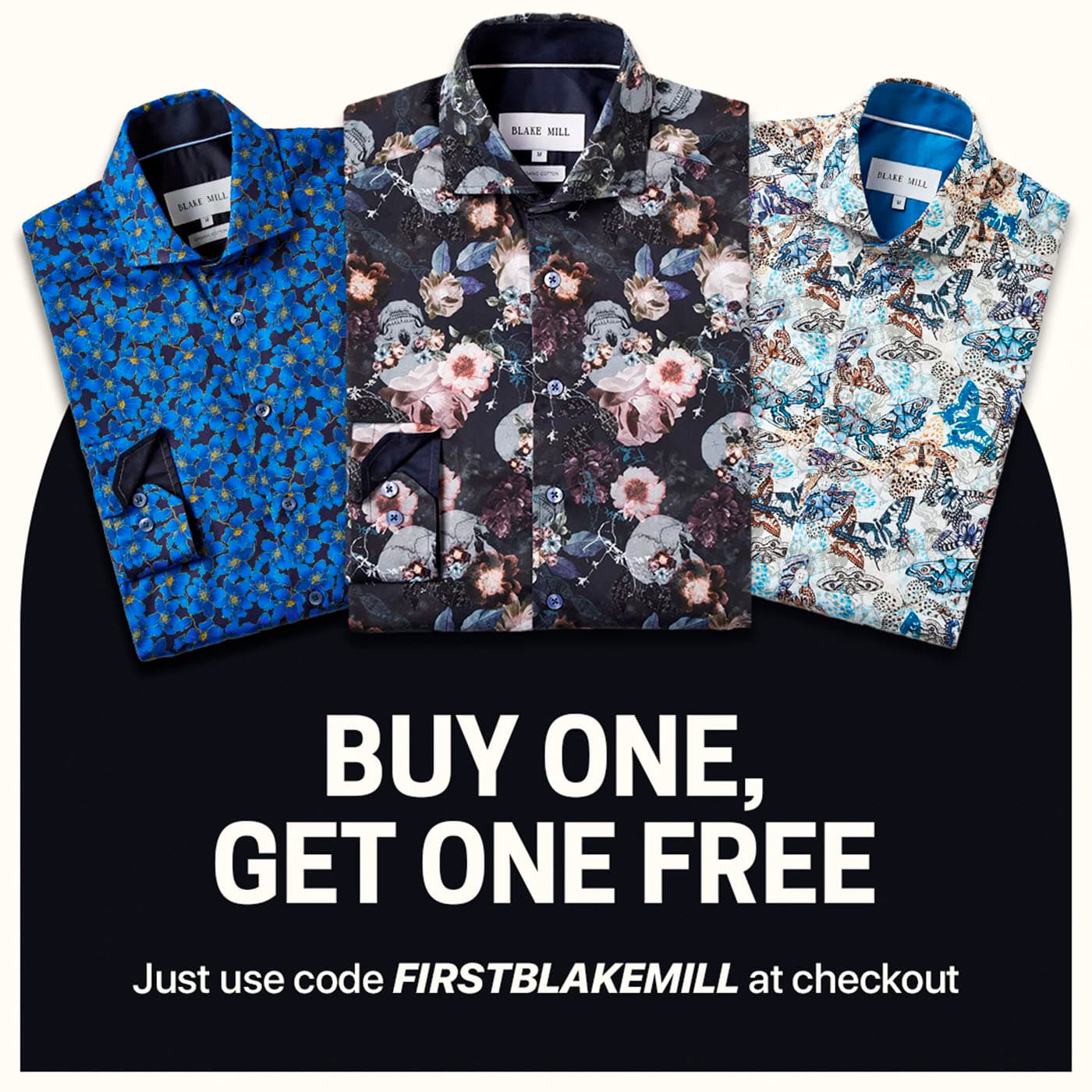 Blake Mill buy one get one free flat-lay of three printed shirts on black