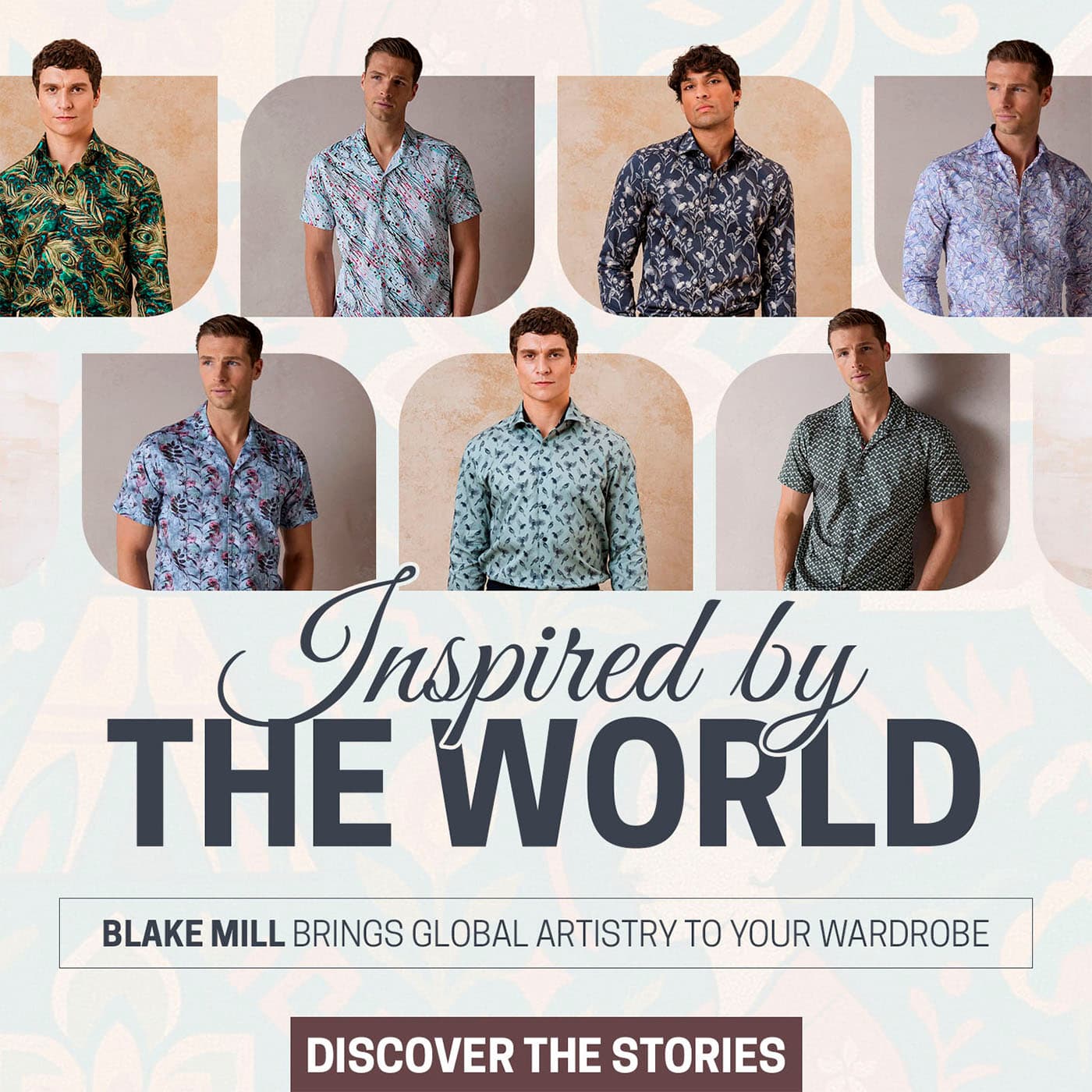 Blake Mill range grid of seven printed shirts, Inspired by the World